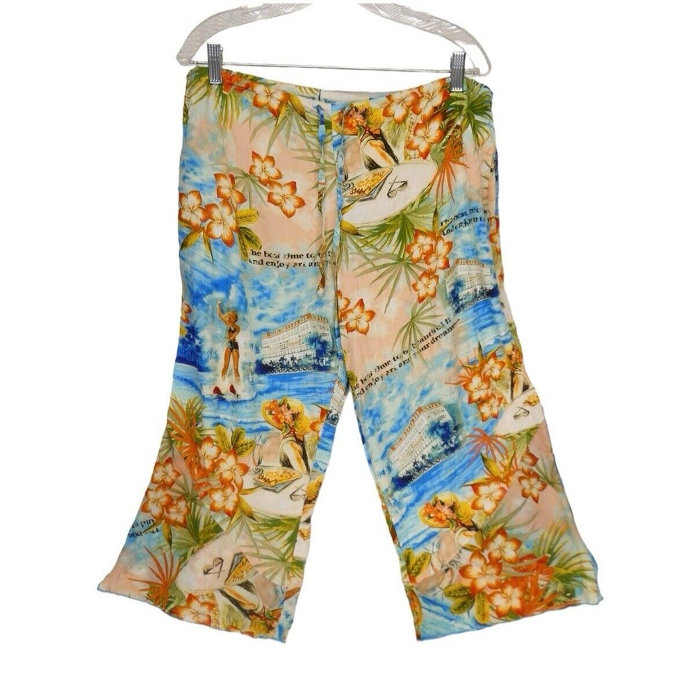 Jams World Voile‎ Pants Sz M Wide Leg Hawaiian Floral Beach Rayon Drawstring